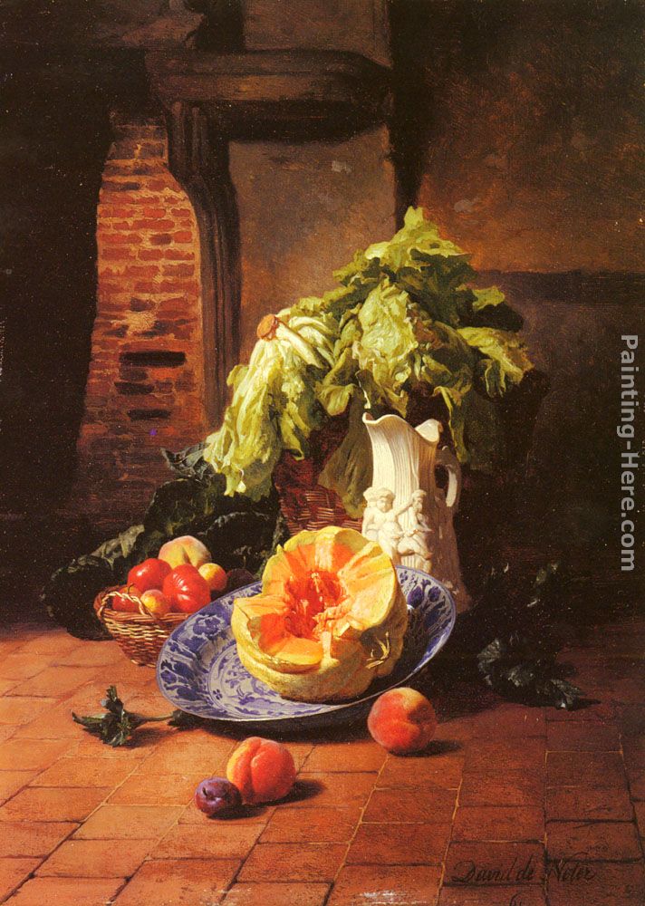 A Still Life With A White Porcelain Pitcher, Fruit And Vegetables painting - David Emile Joseph de Noter A Still Life With A White Porcelain Pitcher, Fruit And Vegetables art painting
